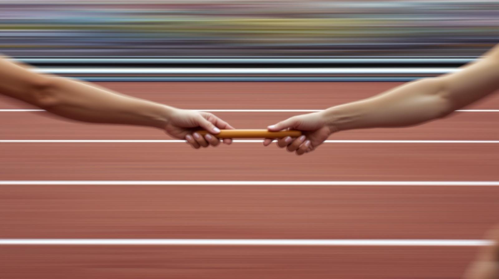 A photo of a relay race where the handoff of a baton is smooth and synchronized, representing the alignment between marketing and sales.