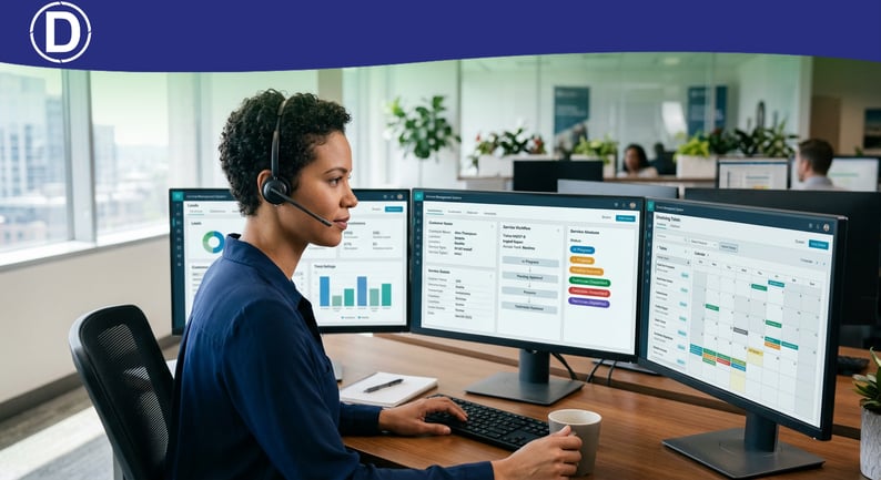 Professional field service dispatcher managing customer leads on a digital dashboard.