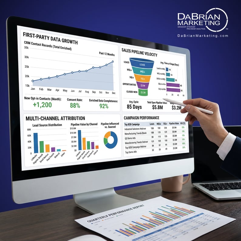 Digital marketing analytics dashboard tracking first-party data growth and sales pipeline velocity for a B2B firm.