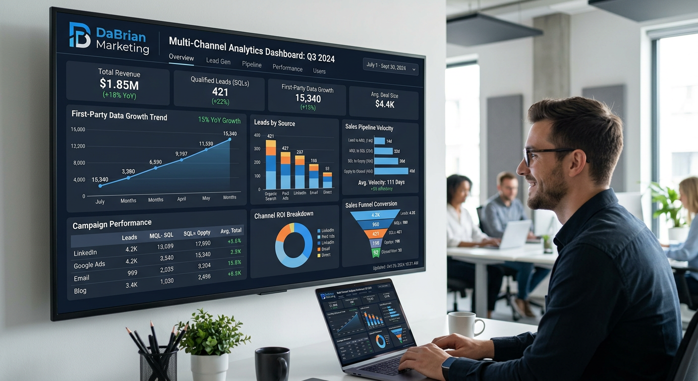 Digital marketing analytics dashboard tracking first-party data growth and sales pipeline velocity for a B2B firm.