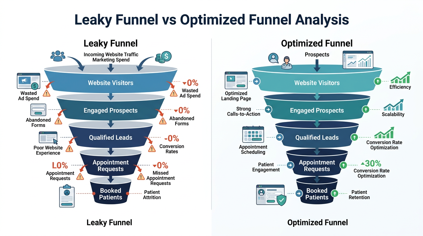 A comparison chart showing how a leaky patient conversion funnel wastes marketing spend compared to an optimized conversion process.