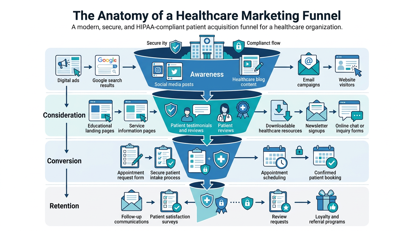 Diagram illustrating a secure, HIPAA-compliant patient acquisition funnel from initial click to booked appointment.
