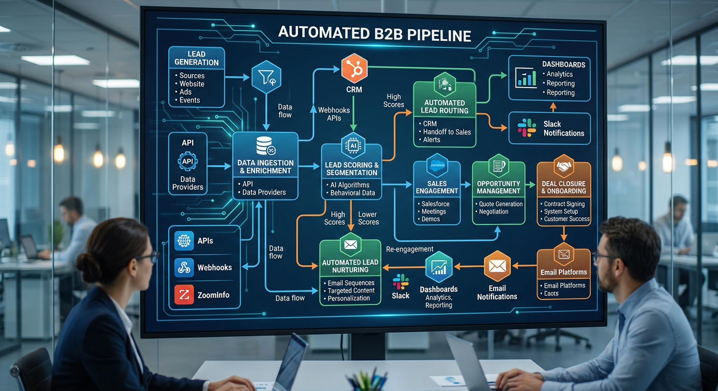 Operational flowchart showcasing how automated first-party data flows from marketing channels into an industrial CRM system.