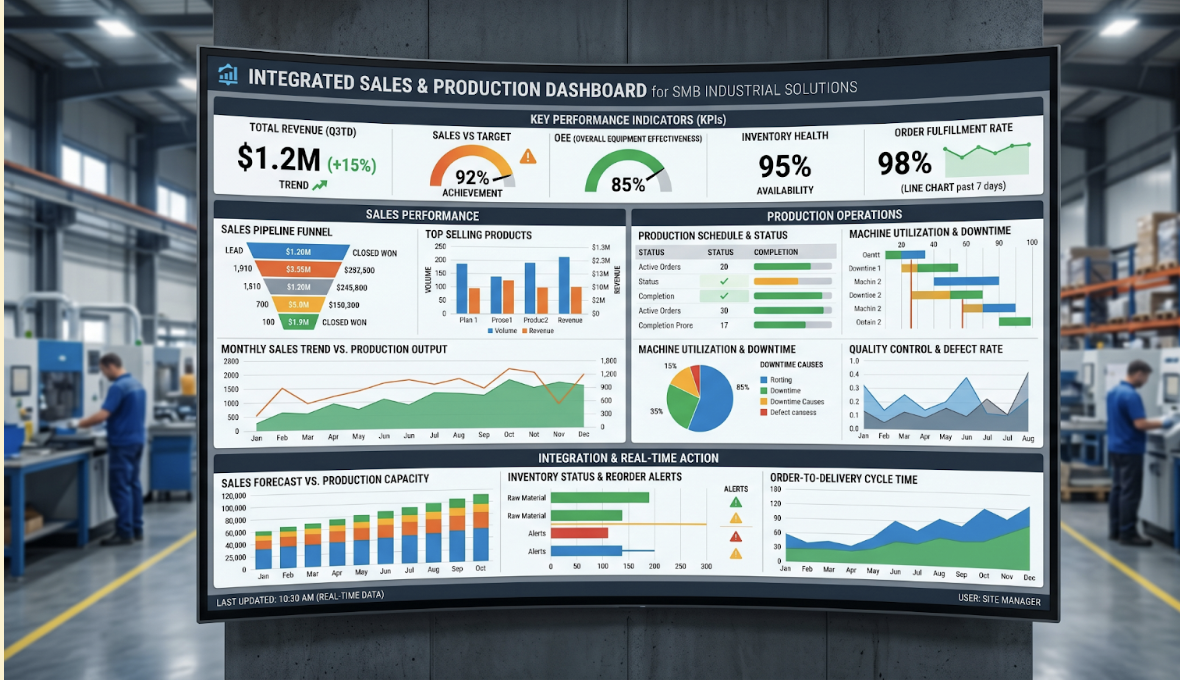 Digital dashboard displaying integrated sales and production data for industrial SMBs.