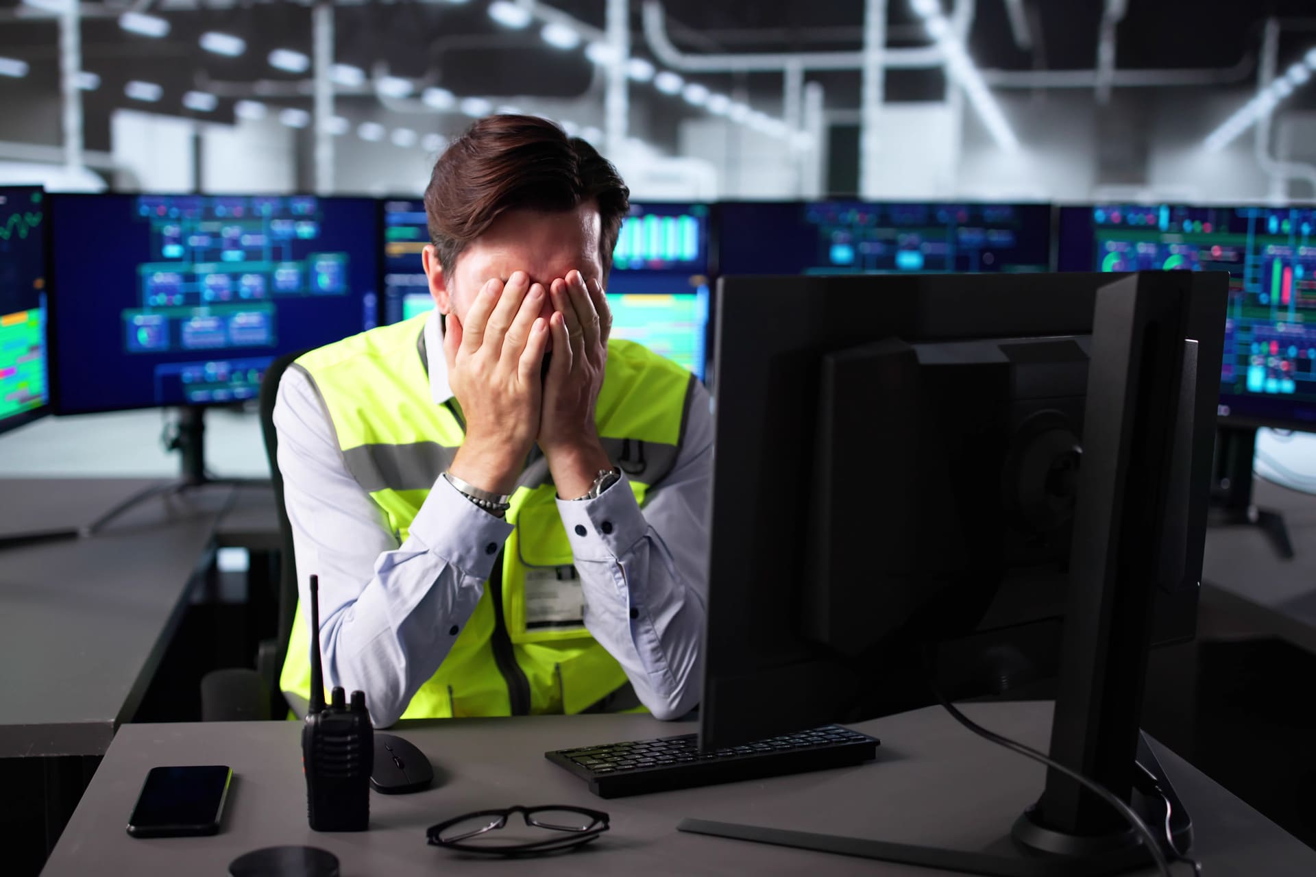 A frustrated manufacturing owner looking at a laptop with an outdated website.