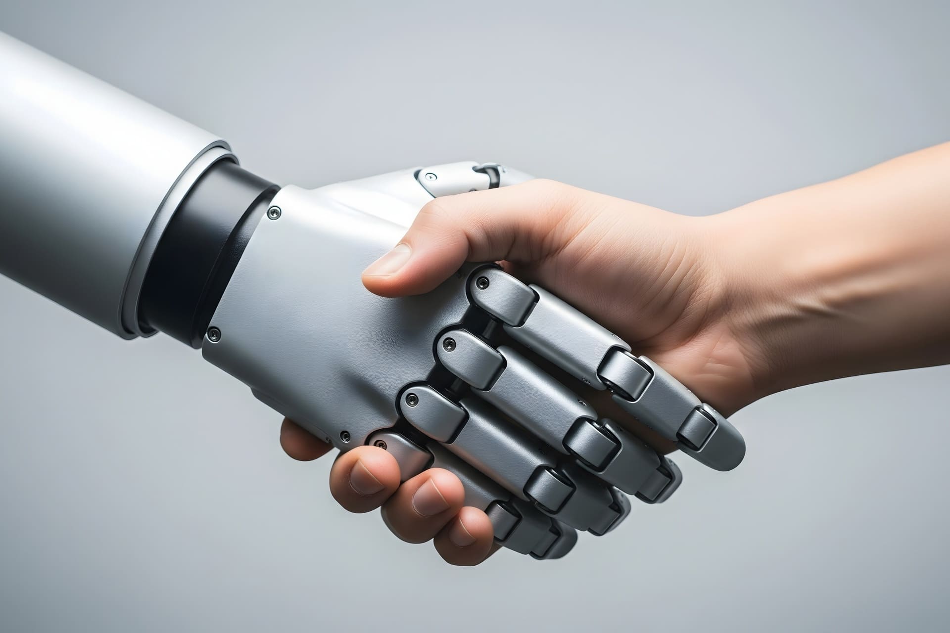 A digital handshake between a human and a robotic arm, symbolizing the blend of tradition and technology.